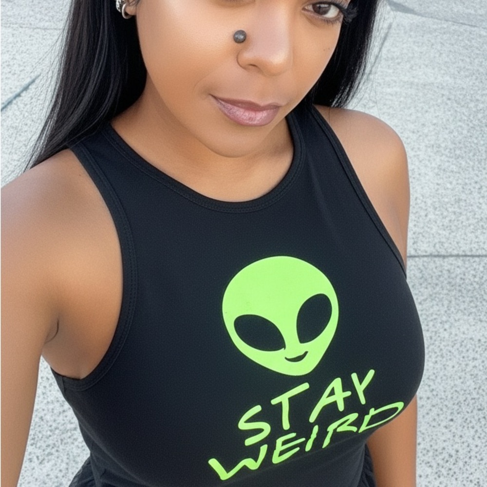 French Pastry Black Tank Top with Neon Green Alien Design
